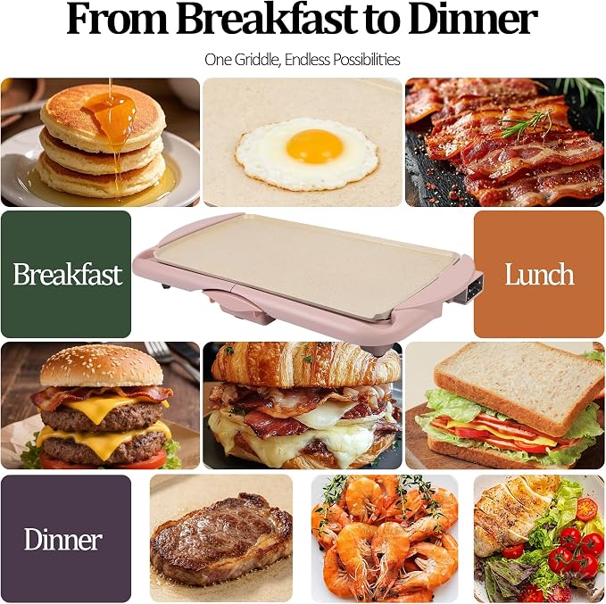 20" Pink Electric Griddle & Skillet with Ceramic Non-Stick Surface, 1400W Family-Sized Extra Large Baking Pan, Adjustable Temperature & Slide-Out Drip Tray