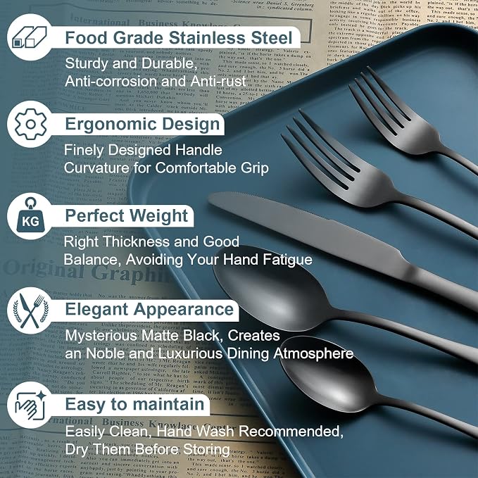 Matte Black Silverware Set for 4, Flatware Cutlery Set 20 Piece | Premium Stainless Steel Tableware Set, Include Knife Fork and Spoon, Mirror Polished, Ready for Any Dinner or Weddings