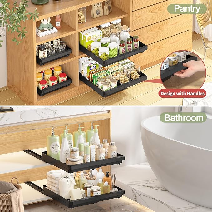 DOMNIU Pull Out Cabinet Organizers Expandable,Black,16.9" Depth,2 Pack | Slide Out Drawers for Kitchen, Bathroom, Pantry, Under Sink Storage, Fixed with Adhesive Nano Film (11.6''-17.5'')