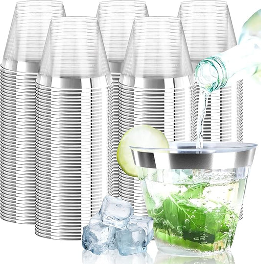 [200 Pack] 9oz Clear Plastic Cups with Silver Rimmed Sturdy & Food Safe Disposable Wine Glasses Party Wedding Disposable Drinking Cups Plastic Cocktail Glasses for Wine, Juice & Cold Beverages