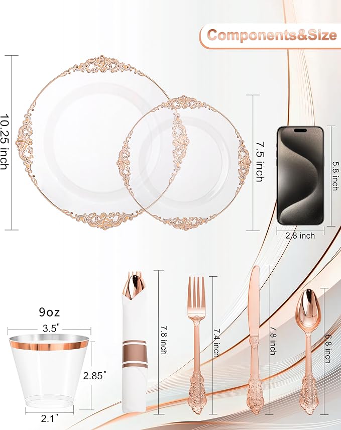 Nervure 175Pcs Rose Gold Plates, Disposable Party Plates for 25 Guests | 25 7.5" Dessert & 25 10.25" Dinner Plastic Plates, 75 Gold Silverware, 25 9oz Cups, 25 Napkin for Wedding & Party, Heavy-duty