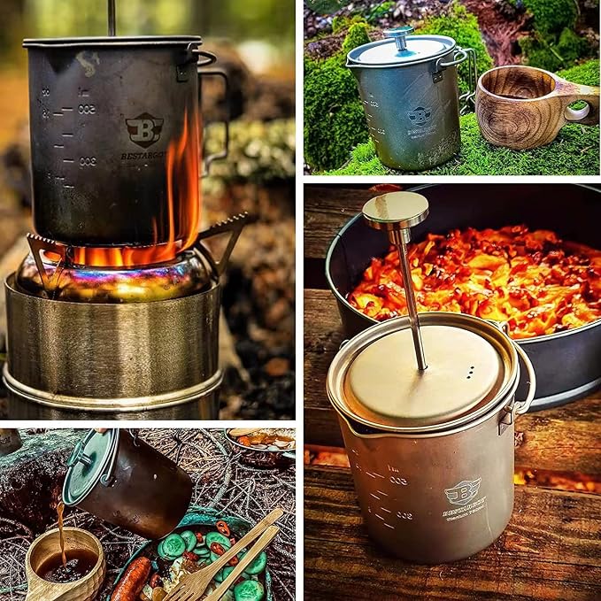 Bestargot Titanium Pot 750ml, Coffee French Press | Portable French Press, Ultralight, Camping Pot, Compatible with Camp Stoves