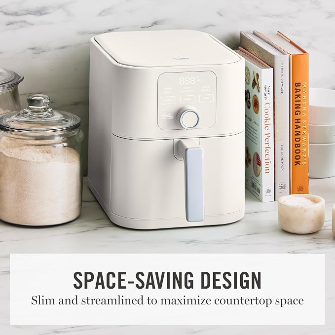Martha Stewart 6-Quart Air Fryer, 6 Presets, Space Saving, Linen Cream | 3lb Capacity, PFAS-Free Ceramic Nonstick Basket & Tray, Bake, Roast, Broil, Dehydrate, Reheat, Shake Reminder, Heat up to 400