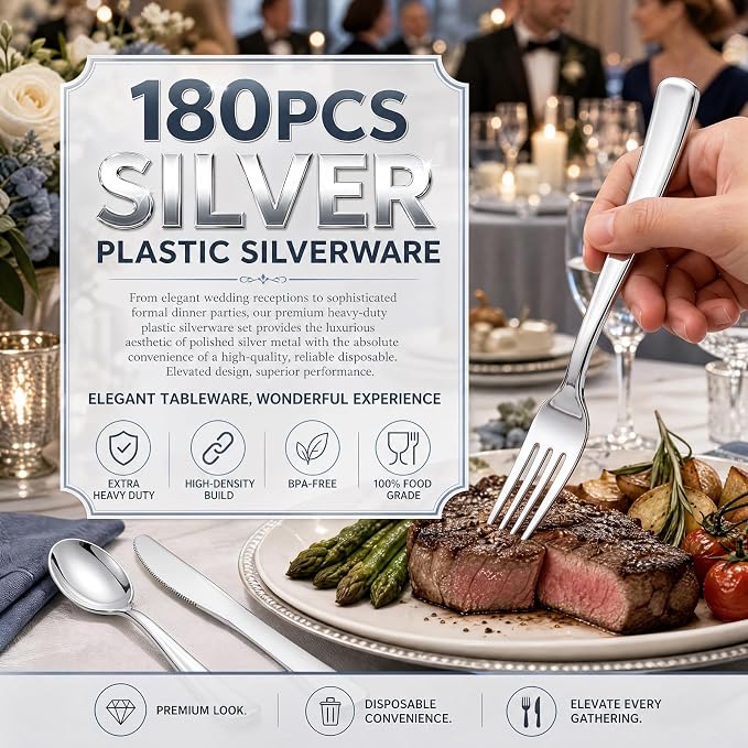 180 Pieces Silver Plastic Silverware - Silver Plastic Cutlery - Fancy Plastic Silverware Heavy Duty - 60 Forks 60 Knives 60 Spoons - Disposable Plastic Utensils Perfect for Party Wedding