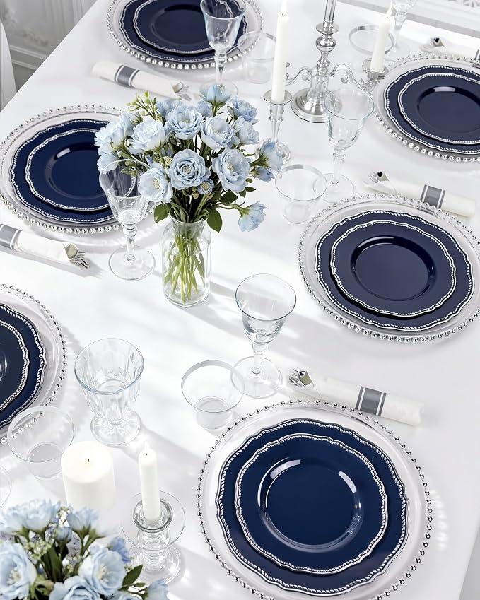 350 Pcs Blue Silver Plastic Plates Wedding & Party | Silver Plastic Dinnerware Set Includes 50 Dinner Plates, 50 Dessert Dinnerware, 50 Cups, 50 Napkins