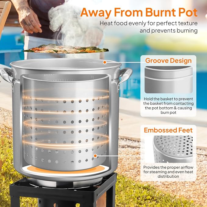 Bonnlo 50QT Turkey Fryer Pot with Steamer Basket, Lid & Lifting Hook, Stainless Steel Seafood Boil-Pot for Lobster, Crab & Shrimp, Heavy-Duty Deep Stockpot for Outdoor Boiling, Cooking & Frying