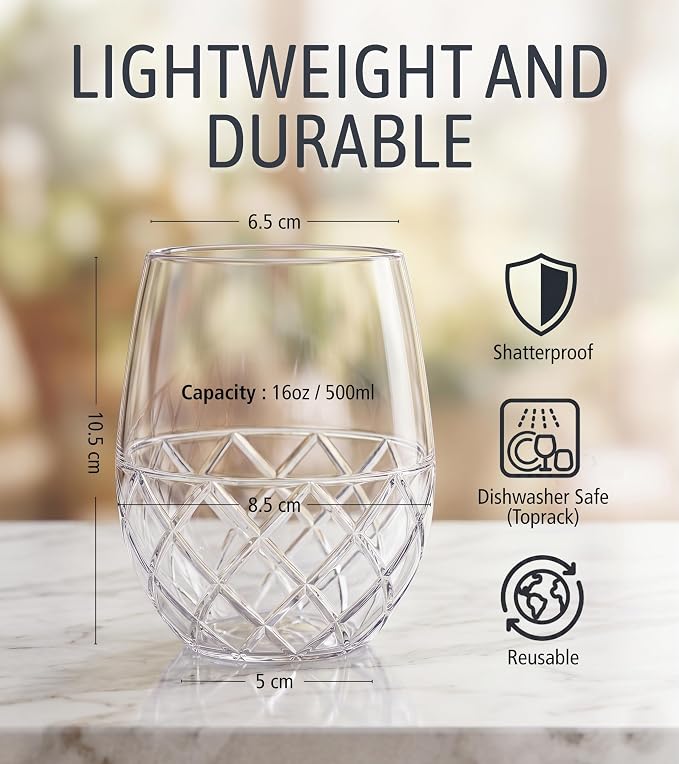Unbreakable Plastic Stemless Wine Glass - 16 oz Set of 6 | Tritan Plastic, Shatterproof & Reusable Drinkware Perfect for Outdoor, Pool, Camping & Everyday Use