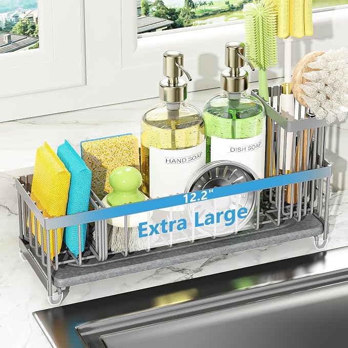 Cisily Extra Large Sink Caddy Organizer with Drying Stone, Gray Sponge Holder for Kitchen, Dish Brush Holder for Countertop, Kitchen Decor Storage and Essentials