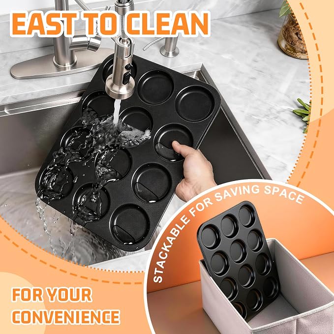 P&P CHEF 12-Cup Muffin Top Pan, Cupcake Pan with Shallow Side, 2PC & Black | Stainless Steel Muffin Pan Cupcake Tin for Whoopie, Yorkshire Pudding, Egg Bite, Cupcake, Non-toxic & Easy Clean
