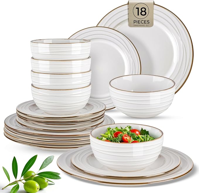 GBHOME Ceramic Dinnerware Sets of 6,18 pcs Plates and Bowls Sets Dishes | Embossed Elegant Stoneware Dishes Set | Dishwasher & Microwave Safe | Service for 4