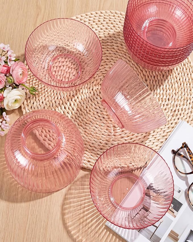 bUCLA 12 PCS Plastic Cereal Bowls Set - 28 Oz Clear Pink Disposable Vertical Stripes Serving Bowls for Snack, Salad, Dessert & Fruit
