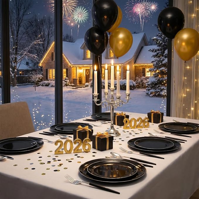 DaYammi 30 Guests Black Plastic Plates with Disposable Silverware,Silver Cutlery with Black Handle,Silver Disposable Dinnerware:60 Dinner/Dessert Plates,90 Plastic Silverware Set for Party Wedding
