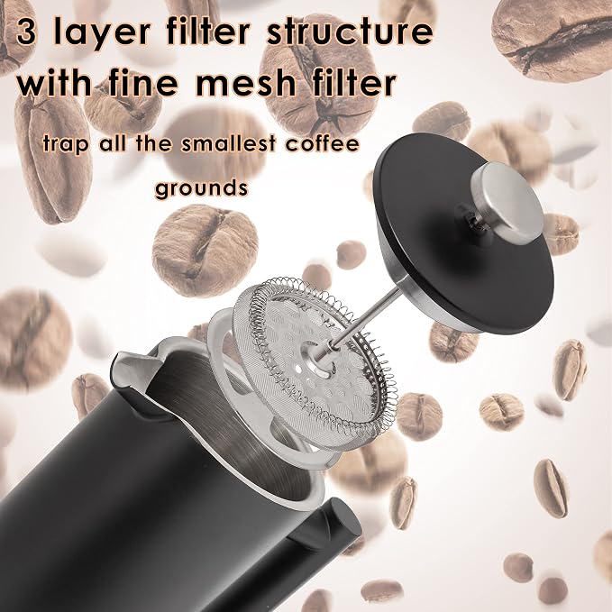 Mixpresso French Press Coffee Maker, 26 Oz Stainless Steel Coffee Press | Double wall insulated stainless steel French Press with durable filter for coffee or loose leaf tea, easy to press and clean