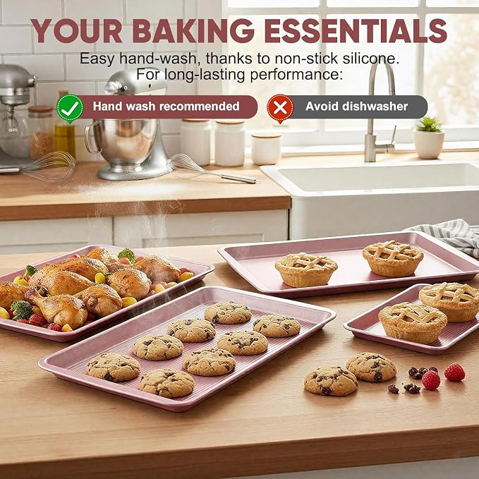 Sakerplus Nonstick Baking Sheet Set of 3, Heavy Duty Cookie Sheets for Oven | Quarter, Half & Jelly Roll Pans, 0.6mm Thick with Stripe Texture Pattern, Rust-Resistant and Easy to Clean, Pink