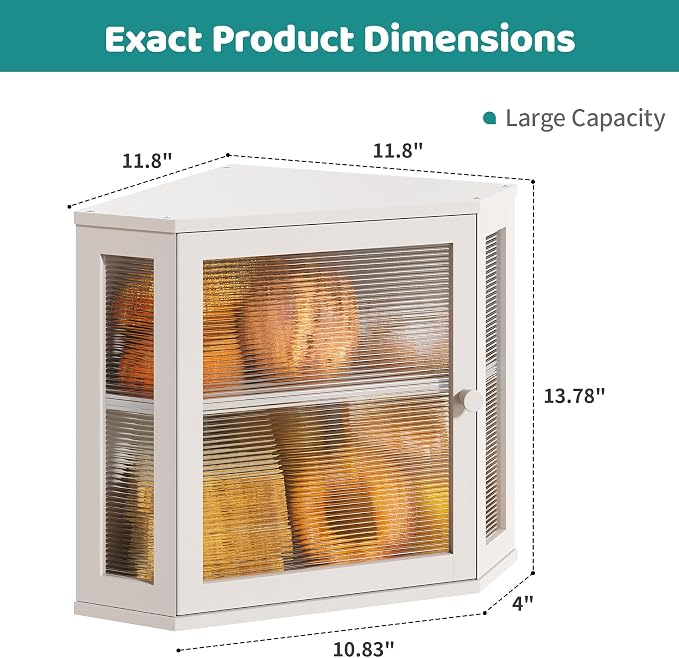 White Corner Bread Box, Bamboo Bread Box for Kitchen Countertop, 2 Tier Wooden Bread Storage, Solid Bamboo Wood