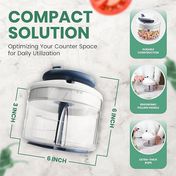 Vivaant Hand Pull Manual Food Chopper, Onion Chopper Vegetable Cutter Dicer | Nut & Garlic Chopper for Kitchen, 2 Speed Stainless Blades, Small Hand Held Vegetable Dicer with Whisk Attachment