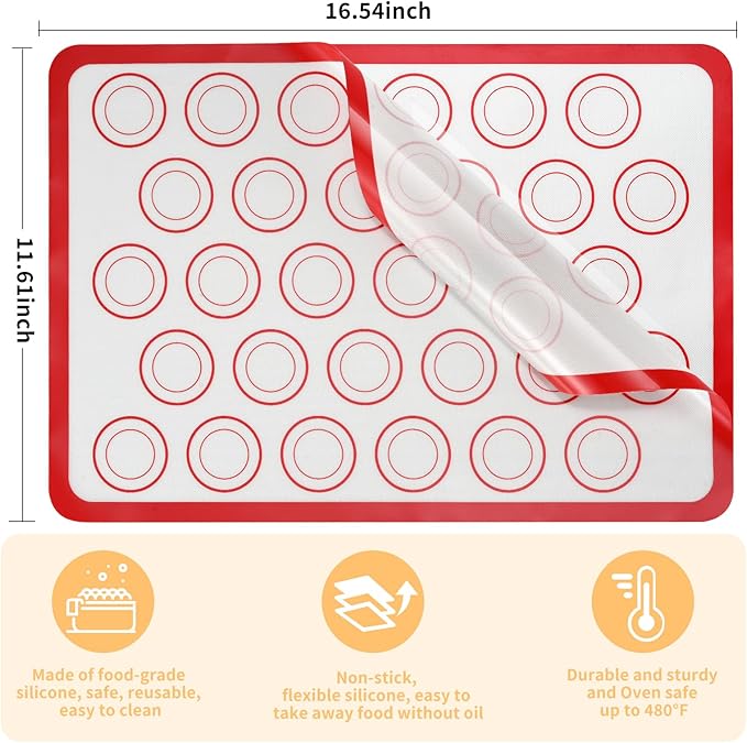 Luckyiren 2 Pack Silicone Macaron Baking Mat, Half Sheet Liners, Red/White | Two 16.54 x 11.62 in silicone macaron baking mats have printed rings for macarons; reusable nonstick half sheet liners.