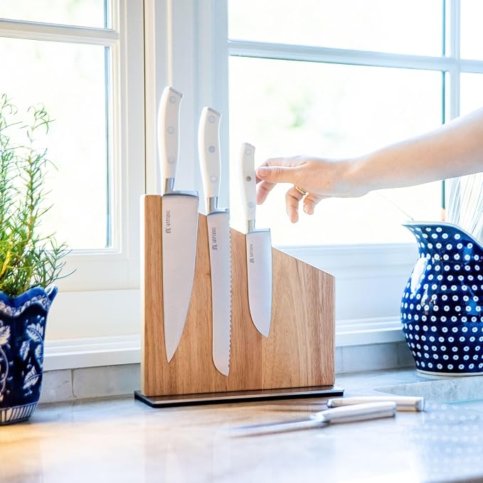 Yatoshi Magnetic Kitchen Knife Block Set 6 Pcs White - Pro Kitchen Knife Set Ultra Sharp High Carbon Steel