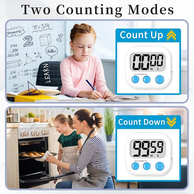 ZILLEEN Digital Kitchen Classroom Timers for Kids Cooking 12pcs Wht Blu Grn | Strong Magnetic, Large Screen, Big Button, Count Up/Down, Loud Alarm, Teacher Classroom Must Haves Supplies