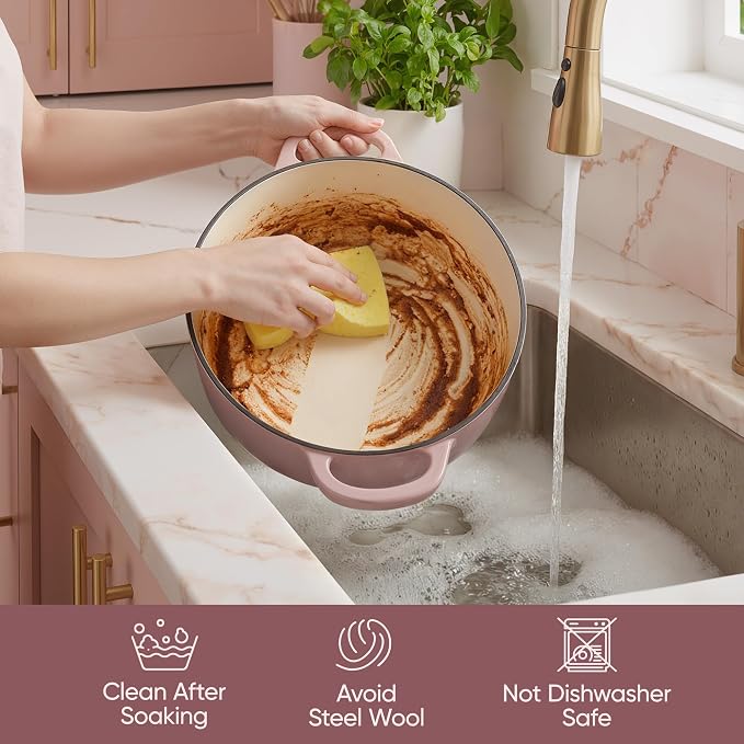 Vintage Style 4.5 Quart Dutch Oven Pot with Lid, Non Stick Enameled Cast Iron Dutch Oven for Bread Baking, Heavy-Duty, Oven Safe Ceramic Cookware Up to 500°F for Baking, Braising, Stews, Roasting, Pink