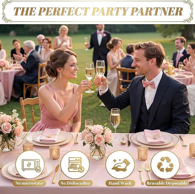 IOOOOO 150 PCS Pink Plastic Plates,Heavy Duty Pink Disposable Plates | Pink Plates Set Include 30 Pink Dinner Plates&30 Pink Dessert Plates,30 Gold Plastic Silverware Set for Wedding,Party