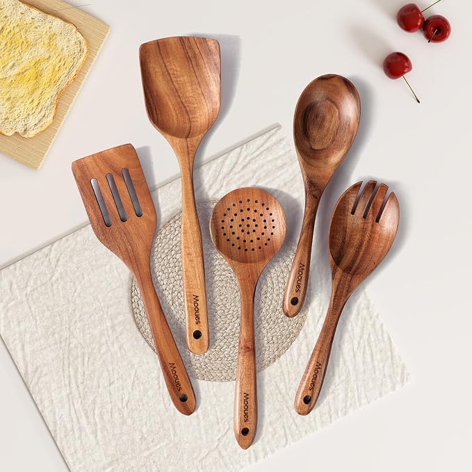 Wooden Kitchen Utensil Set, 5 PCS Natural Teak Wooden Spoons for Cooking | Wooden Spoons for Cooking with Comfort Grip, Smooth Durable Heat Resistant Cooking Spoons and Cooking Utensils for Cooking