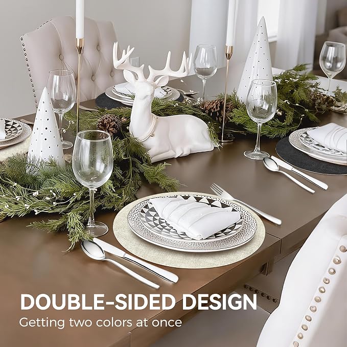 NCUE 13" Faux Leather Round Placemats Set of 4, Reversible Dual-Color | With 3.9" Coasters, 2 mm Vinyl Table Mats, Waterproof Wipeable Heat Resistant, Non-Slip Texture, for Dinner Party Home Decor