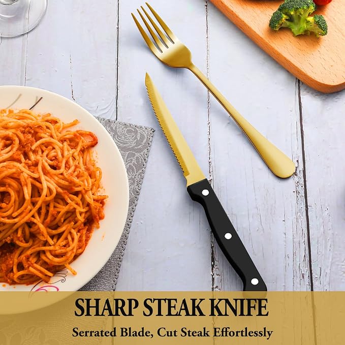 36 Pcs Gold Silverware Set with Steak Knives, Stainless Steel Flatware Cutlery Set for 6, Kitchen Tableware Sets, Utensil Sets for Home and Restaurant, Dishwasher Safe