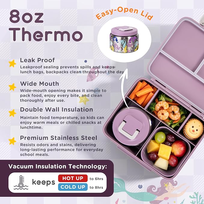 Kids Bento Lunch Box with 8oz Thermo, Ice Pack & Dividers for School | Food Container 5 Compartments,Insulated Food Jar,Keep Warm&Cold,Removable Dividers,Leak-Resistant,BPA-Free,Easy to Clean