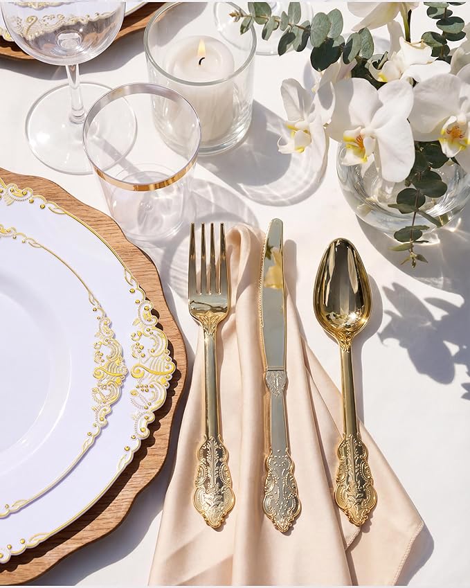 Nervure 175Pcs Gold Plastic Plates, Disposable Dinnerware Set for 25 Guests | 25 7.5" Dessert & 25 10.25" Dinner Plastic Plate, 75 Silverware, 25 Cups, 25 Napkin for Wedding & Party, BPA-free, Heavy-duty