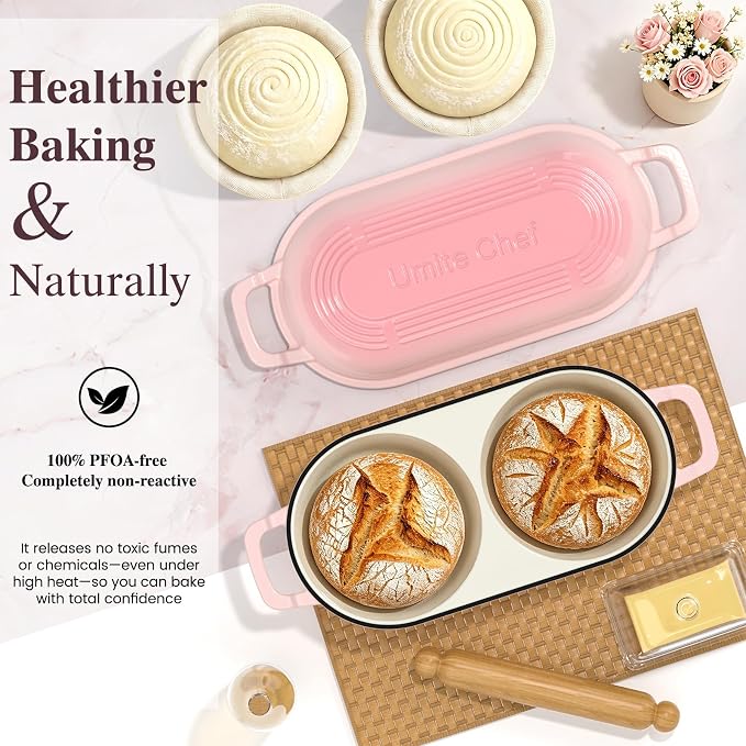 Umite Chef Dutch Oven for Sourdough Bread Baking – Enamelled Cast Iron Bread Loaf Pot – 500°F Oven Safe– Double Round Loaf Space, 16.5“ Diameter, 5" Banneton Proofing Baskets & Cotton Potholders(Pink)