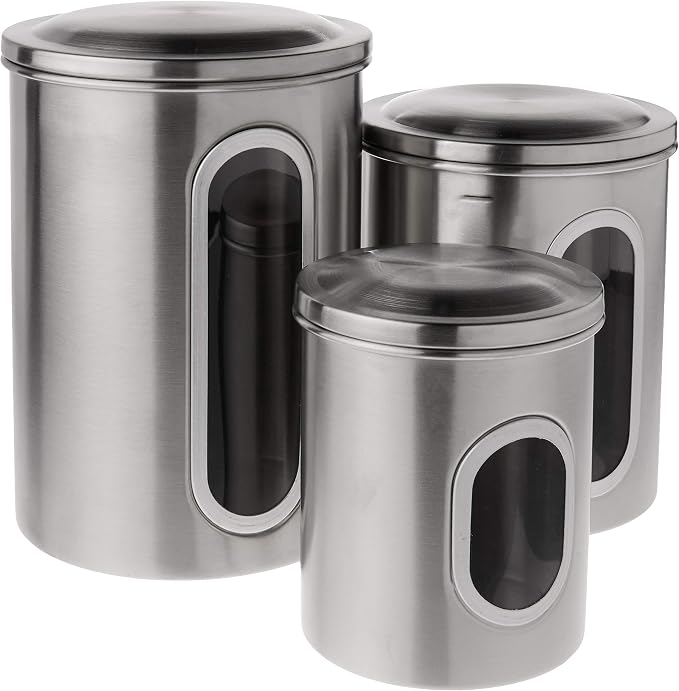 Fox Run Stainless Steel Canister Set For Kitchen Counter, 3 Container Set | Stores Sugar, Coffee, Flour & More | Organize Kitchen Counters | Airtight Lids | Durable Stainless Steel With Glass Window