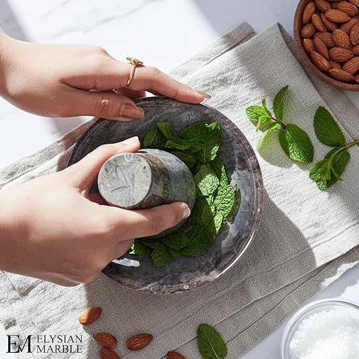 Mortar and Pestle Set, Oceanic Marble 5.5 Inch Wide Shallow Mortar with Pestle, Manual Spice Grinder for Herbs, Garlic, Ginger, Pesto, Guacamole, Salsa and Fresh Seasoning
