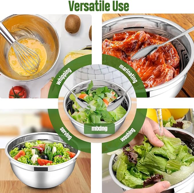 ShineMe Stainless Steel Salad Bowl with Lid, Extra Large Metal Bowl with Serving Utensils for Preparing, Mixing, Marinating, and Serving with Anti-slip Bottom, Unbreakable Kitchen Bowls 7QT