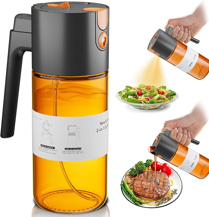 Olive Oil Sprayer & Dispenser Bottle for Cooking 17oz Dark Glass Oil Mister | 2-in-1 Sprayer & Pourer, Fine mist, Leakproof, Light-Blocking, Wide Mouth for Easy Refill & Clean, 8 Oil Labels, Reusable