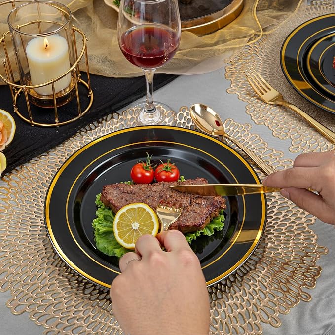 175PCS Black and Gold Plates - Black Disposable Plates for Party - 25Guests Disposable Dinnerware Set for Wedding/Party/Birthday/Halloween
