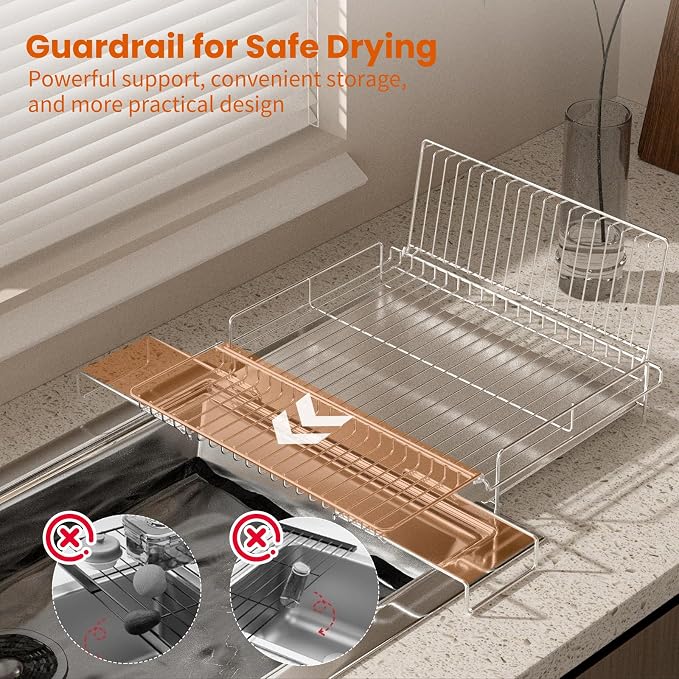 Dish Drying Rack Stainless Steel Expandable Large | Dish Drainer for Kitchen Counter with Stainless Drain Board Rustproof Collapsible Space Saving