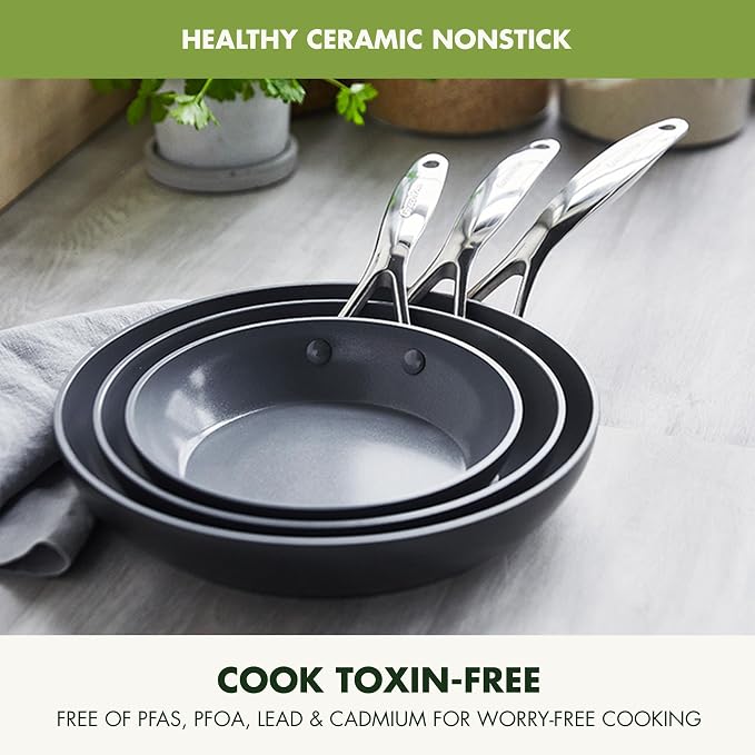 GreenPan Valencia Pro 3 Piece (8", 9.5" & 11") Ceramic Nonstick Skillet Set | Frying Pans, PFAS-Free Nonstick, Induction Ready, All Cooktop Compatible, Hard Anodized, Gray, Dishwasher & Oven Safe to 600F