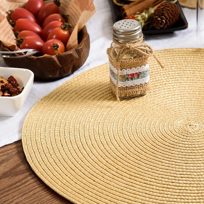 AHHFSMEI Round Placemats Set of 6 Heat Resistant Washable Non-Slip Woven Braided Table Mats for Dining Table Kitchen & Home Decor (Wheat Yellow)