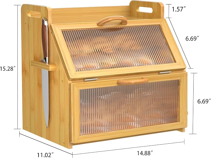 Bread Box for Kitchen Countertop, Large Bread Storage Container for Homemade Bread, Wooden Farmhouse Breadbox Organizers, Double Layer Bread Bin with Acrylic Window Bread Holder, Brown