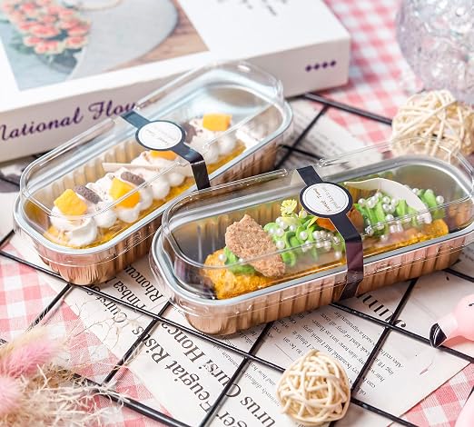 NPLUX Loaf Pans with Lids, 50 Pack Champagne 6.8oz for Weddings | Works for crumble cups, panna cotta, custard and snack servings; add the cover only after contents cool.
