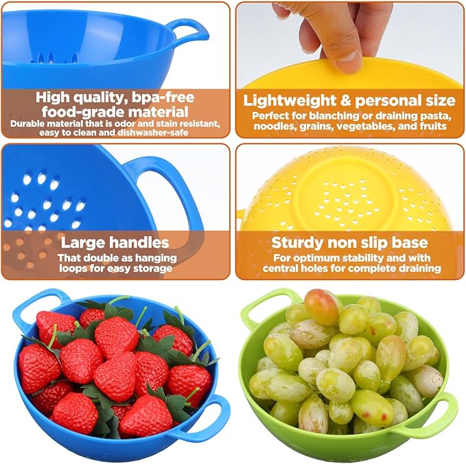 10 Pack 6-inch Mini Plastic Colander, BPA-Free Kitchen Dishwasher Safe Strainer with Double Handles for Berries Vegetables Fruits, 8 Colors