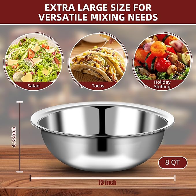 6 Pcs Stainless Steel Mixing Bowls Metal Mixing Bowls Extra Large Basin Salad Bowl with Deeper Edge, Dishwasher Safe, Mirror Finish for Home and Commercial, Silver (13 Inch 7 Qt)