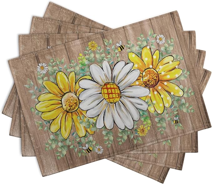 Spring Summer Floral Set of 4 Sunflower Daisy Eucalyptus Leaf Wooden Board Place Mats 12x18 Inch Rustic Vintage Flowers Farmhouse Table Mats for Home Kitchen Dining Decoration