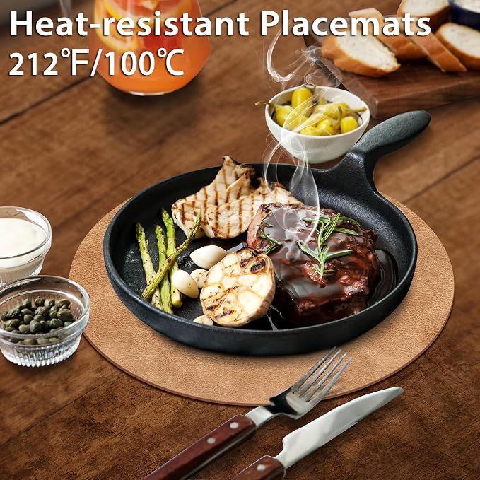 ADRIMER Placemats, Heat Resistant Round Placemats Set of 4 Washable, Waterproof Table Mats, Wipeable Faux Leather Place Mats for Kitchen, Dining Room, Camel