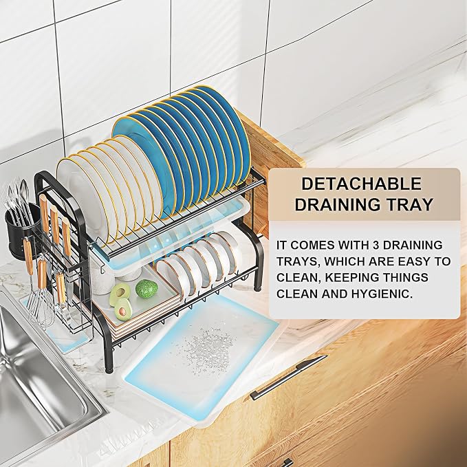 2-Tier Stainless Steel Dish Drying Rack with Drainboard,Black | Small Kitchen counter Space Saver,rustproof stainless steel, 3 detachable drainboards, cutlery holder, tool-free assembly