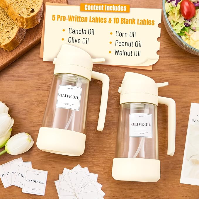 PARACITY Oil Sprayer for Cooking, 2 in 1 Oil Dispenser Bottle, 2-Pack White | Each 16 oz glass bottle has a wide mouth and silicone bottom for spraying or pouring oil during cooking, BBQs and salads