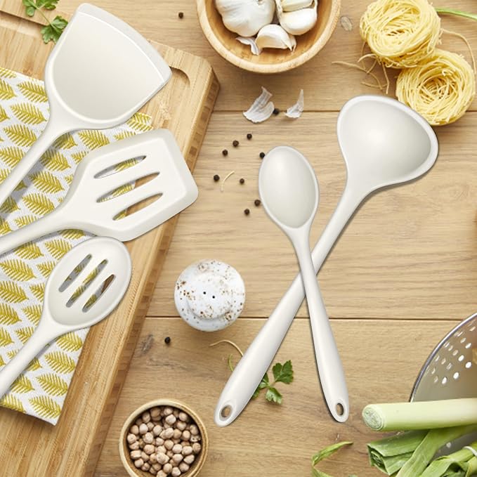 E-far 10 Pieces Silicone Cooking Utensils Set, Heat Resistant, White | Kitchen Utensil Set for Nonstick Cookware, Cooking Tools with Spatula, Spoon, Slotted Turner, Non-Toxic & Dishwasher Safe