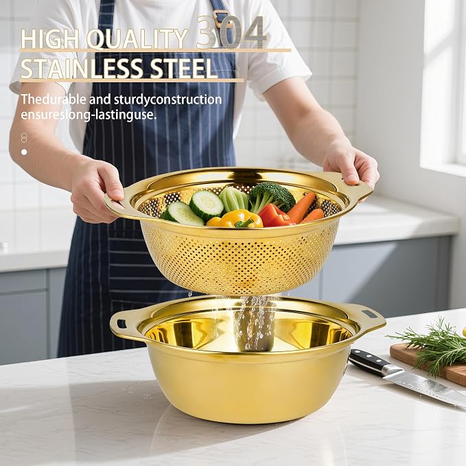 Gulex Colander Stainless Steel 3-quart with Bowls, Strainer Kitchen, Gold
