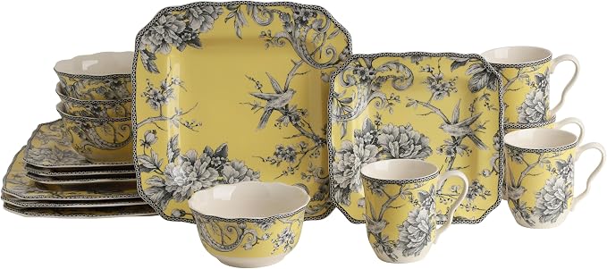 222 Fifth Adelaide Yellow 16-Piece Floral Porcelain Dinnerware Set | Microwave and Dishwasher Safe Dining Set for 4 | Stackable & Chip-Resistant Plates Bowls and Cups | Gift for Housewarming & Wedding